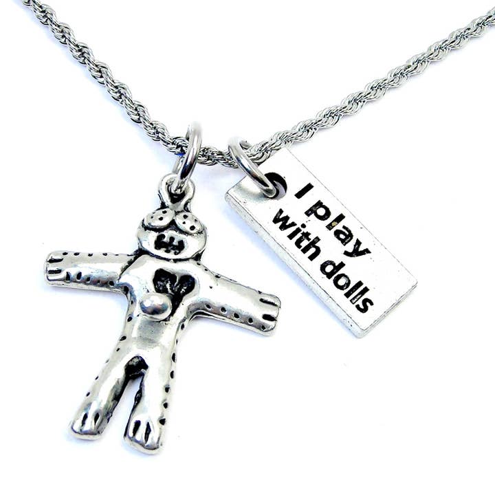 Chubby Chico Charms - Wholesale Pendant/Charm Necklace - Voodoo Doll stabbed in heart I play with dolls Necklace