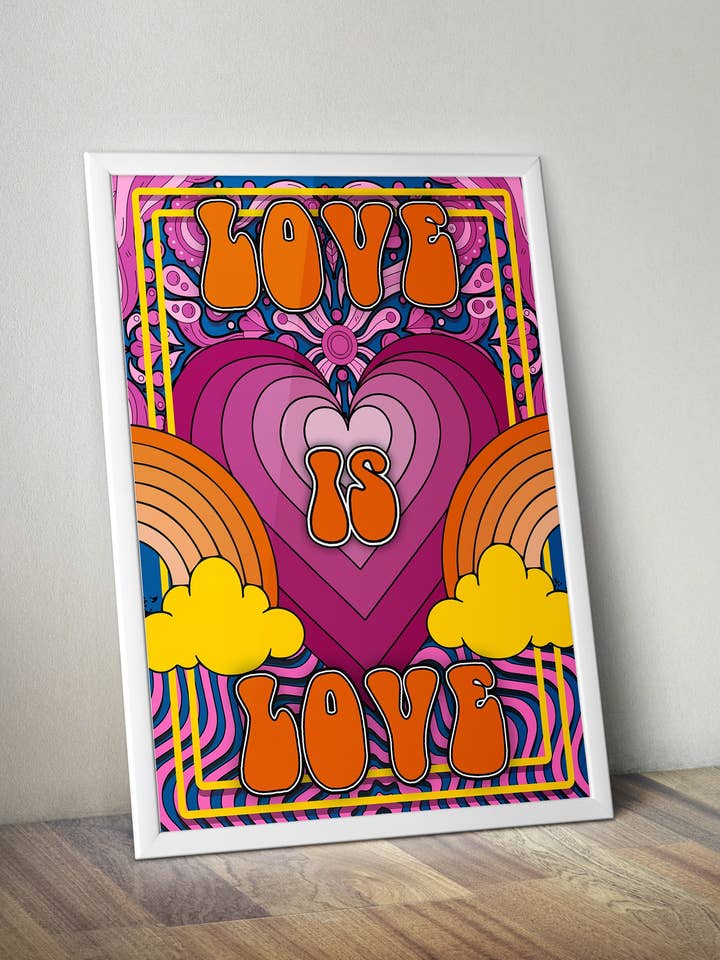 Love is Love psychedelic hippy 70's groovy typography artwork poster print for wholesale by Buba Goods