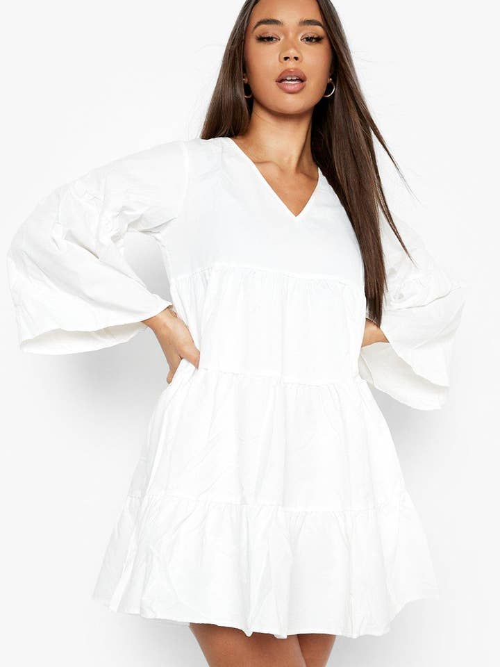 Female White V Neck Tired Smock Dress for wholesale by STYLE INSTANT