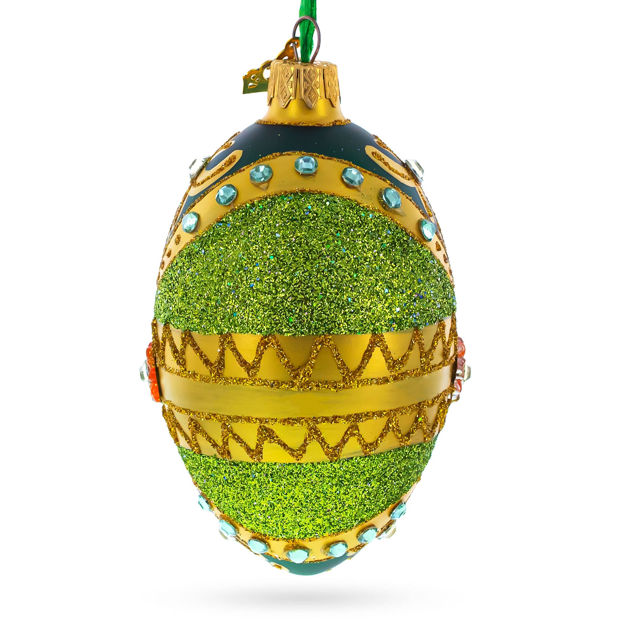 BestPysanky – wholesale Ornament – White Jewels on Glittered Green Glass Egg Ornament 4 Inches2