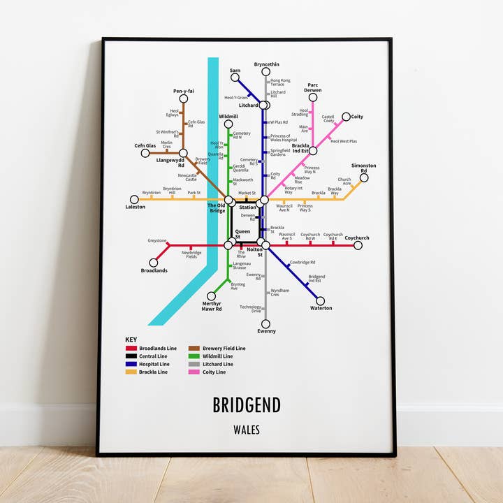 Bridgend Wales Underground Style Transport Print for wholesale by Underdog Studio