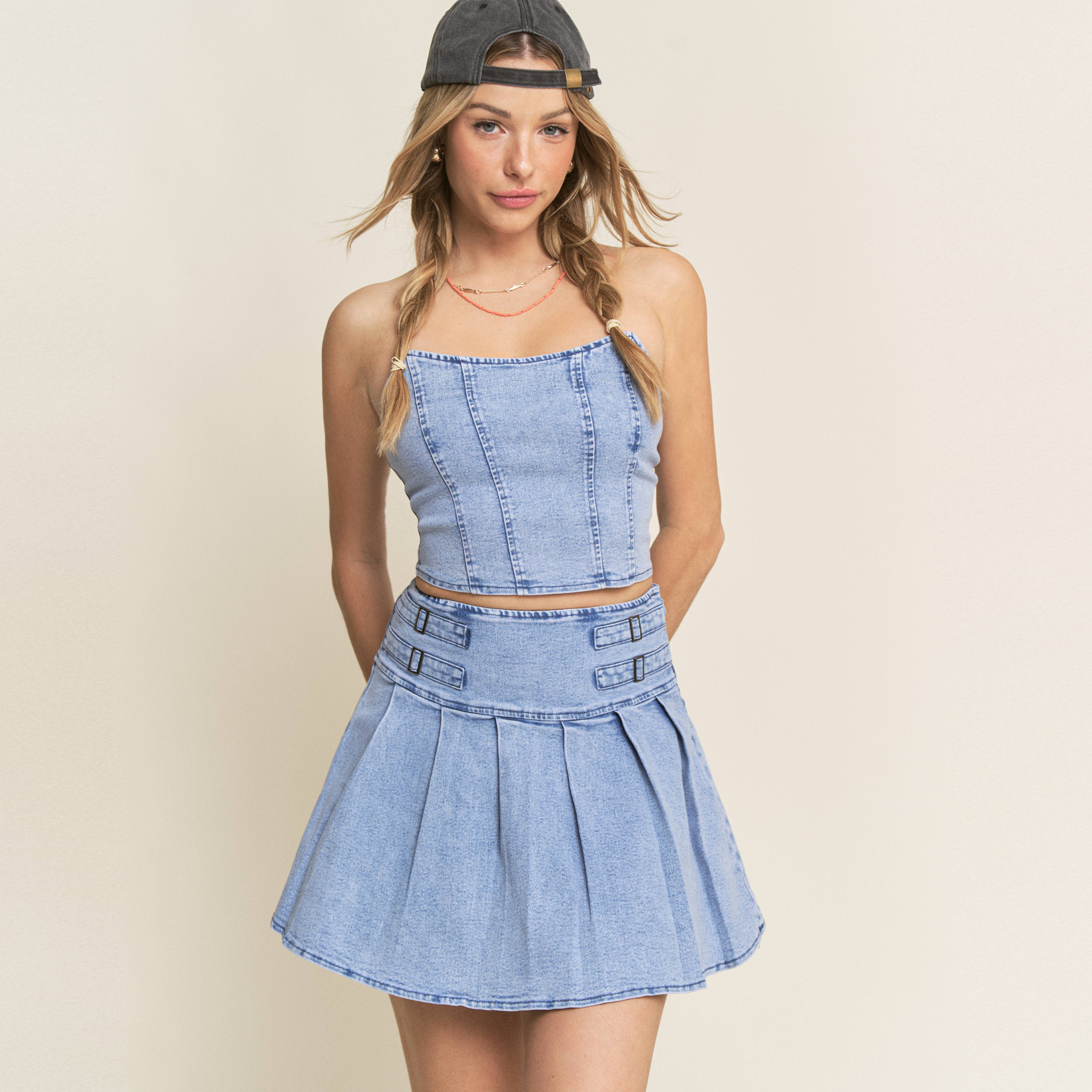 Denim Corset Top & Pleated Mini Skirt Set-HQSET0015 for wholesale on Faire5