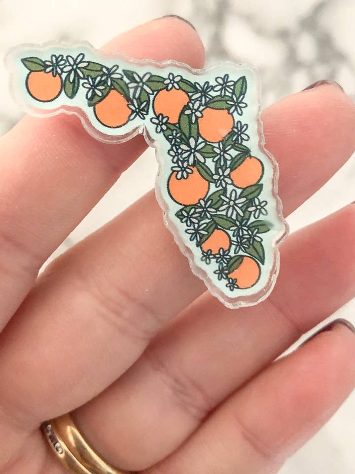 Florida orange acrylic pin for wholesale by Durham doodles