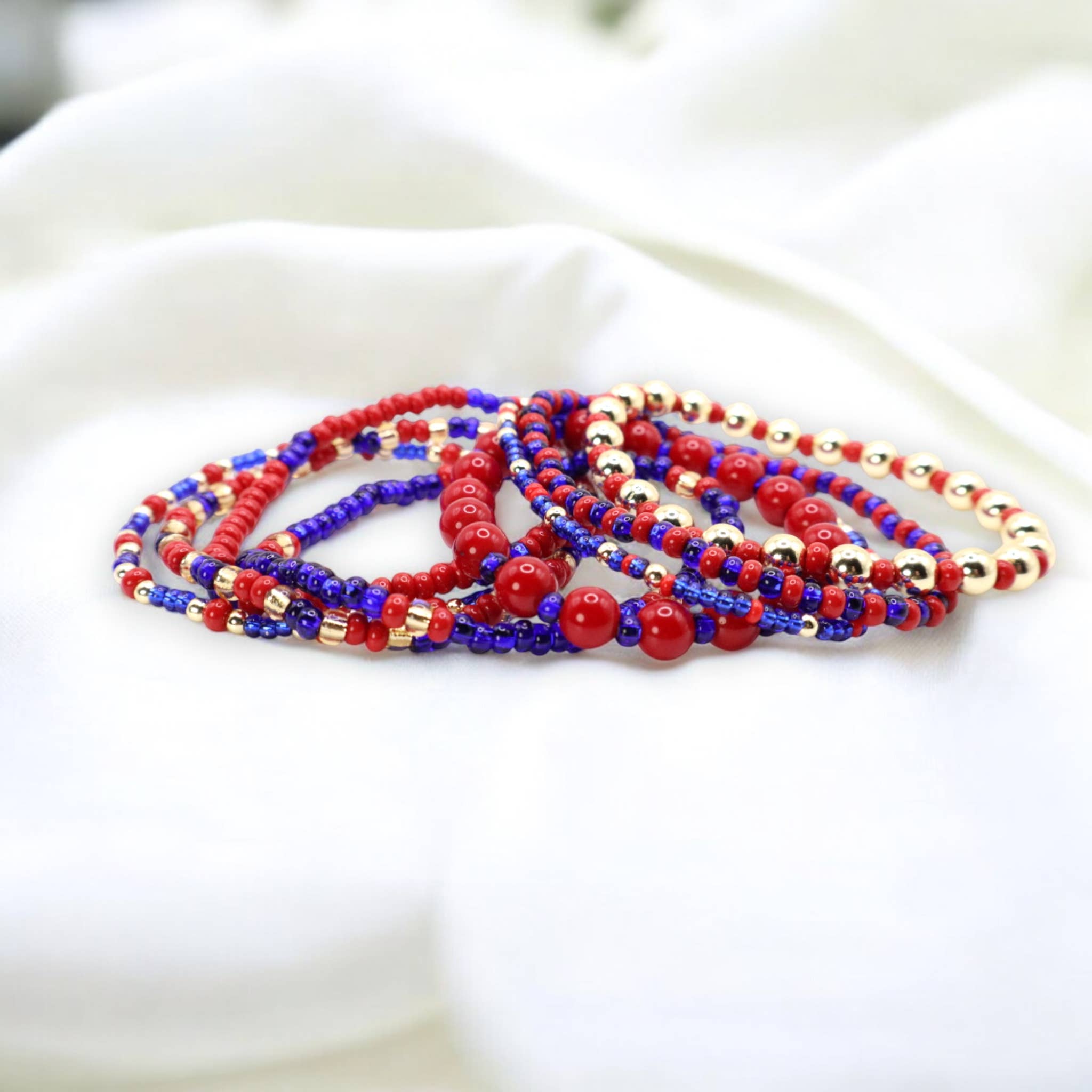 Fish Towne Designs, LLC - Wholesale Jewelry Set - Red and Blue Game Day Seed Bead Bracelet Stack Set of 83