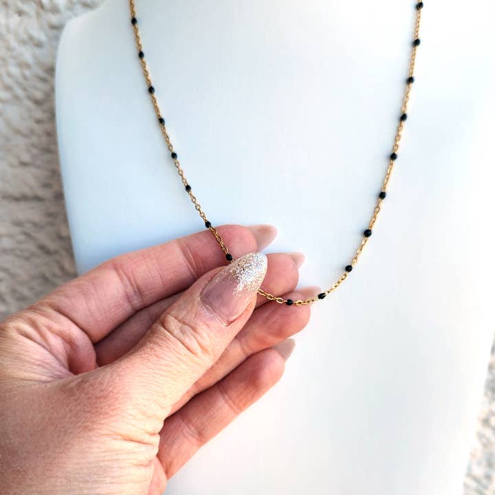 Nina Satellite Soft Goth Dotted Black Enamel Chain Necklace for wholesale by Edgy Petal Jewelry