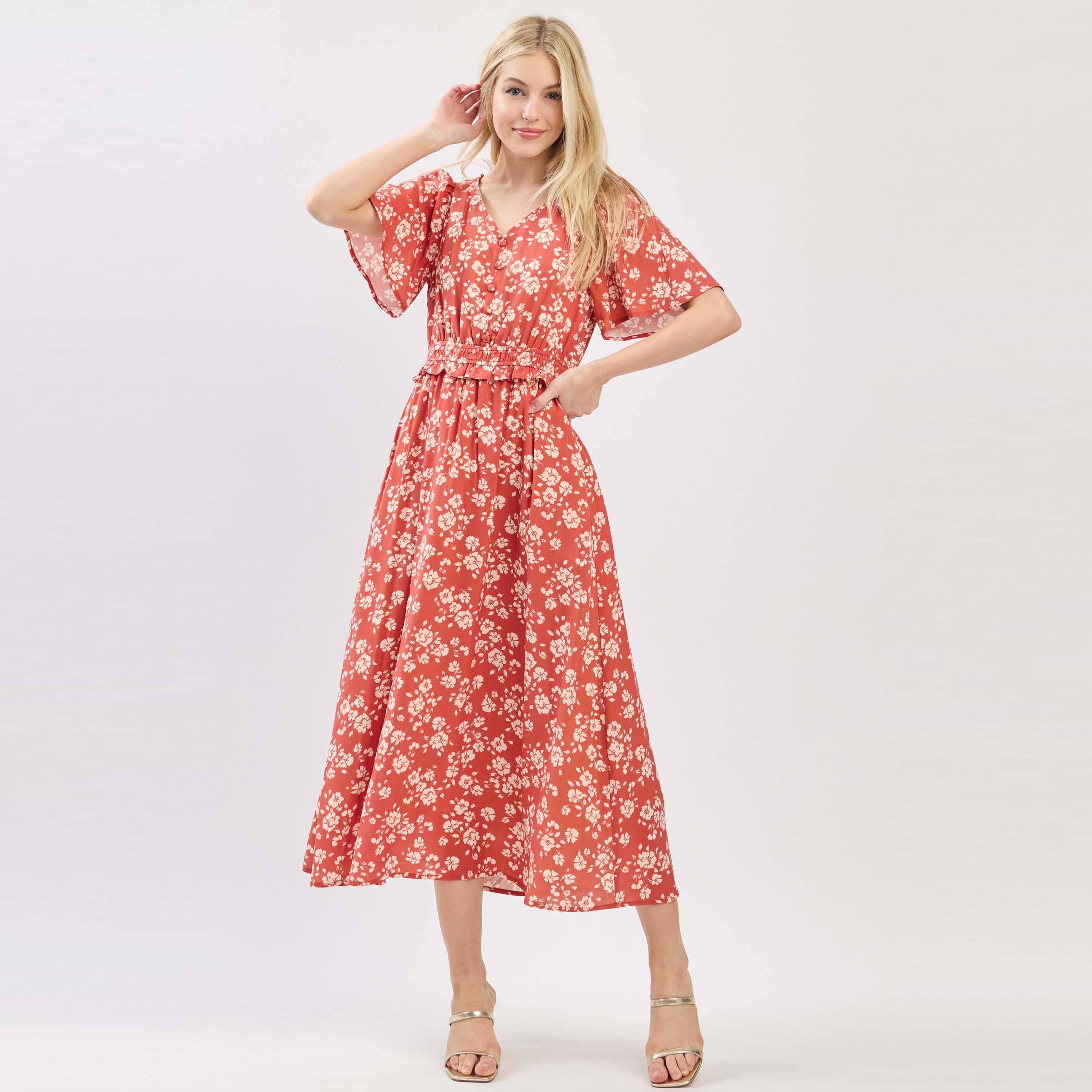 Terracotta MIDI-JURK MET PUFFMOUWEN, V-HALS EN GEDEFINIEERDE TAILLE - VD6036 voor groothandel op Faire0