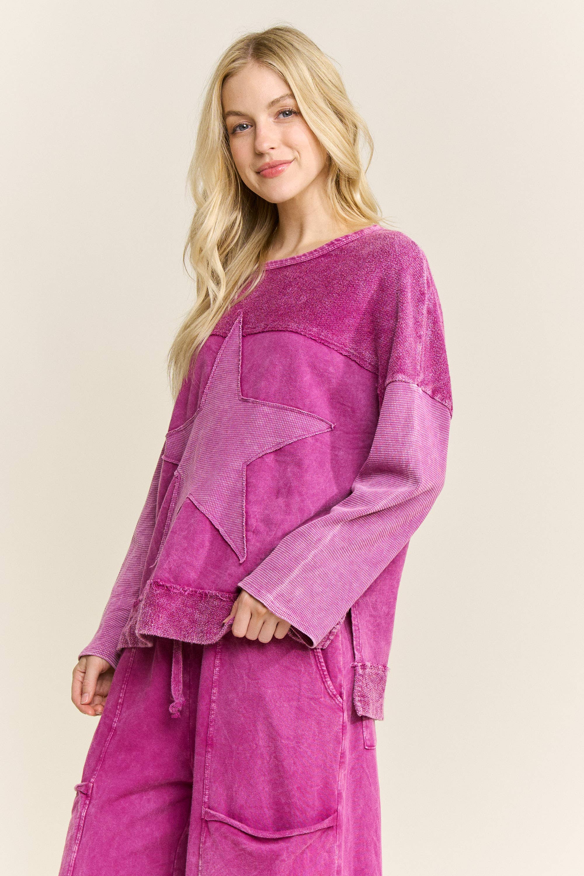 J.Her - Wholesale Sweatshirt - Women's - MineralWashed Star Terry Thermal Sweatshirt top HT66472