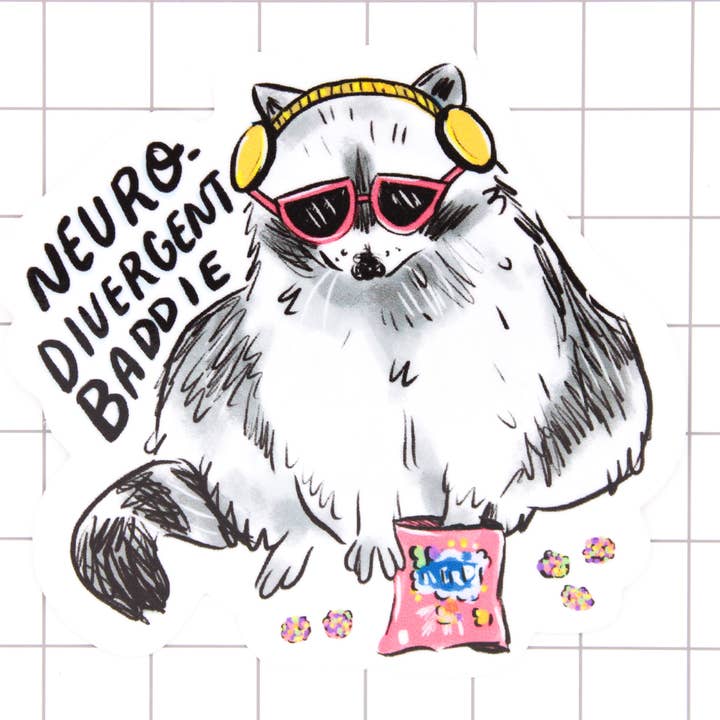 Neurodivergent Raccoon Vinyl Sticker for wholesale by Amy Hartelust Art and Illustration