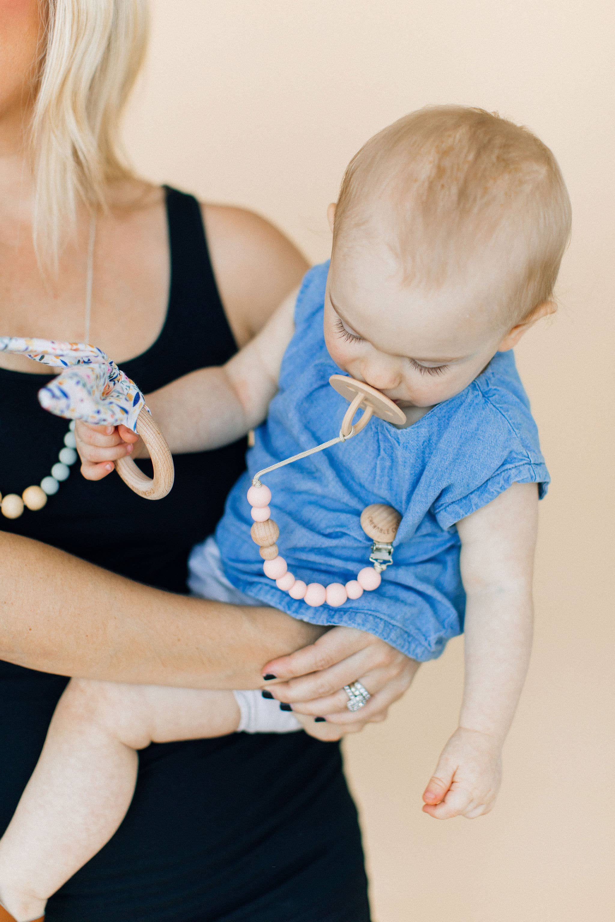 Chewable Charm - Wholesale Pacifier Clip - Baby - Classic Pacifier Clip - Wood + Pale Blush1