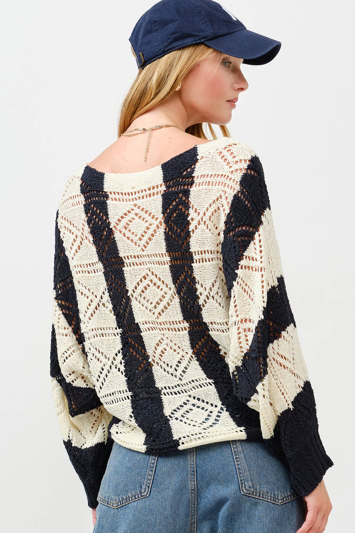 Ivory Navy Open Knit Crochet Sweater for wholesale on Faire1