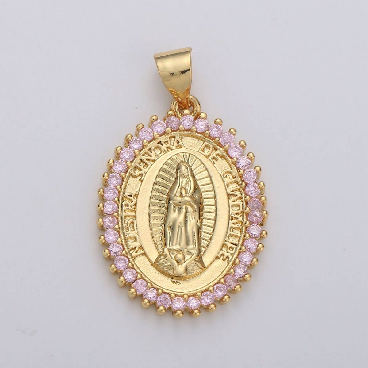 Aim Eternal - Wholesale Pendant/Charm Necklace - Overstock Clearance 24k Gold Filled Virgin Mary Pendant Necklace Pink Micro Pave Virgen de Guadalupe Medallion Pendant for Necklace Religious Jewelry Supply I-649 I-6501