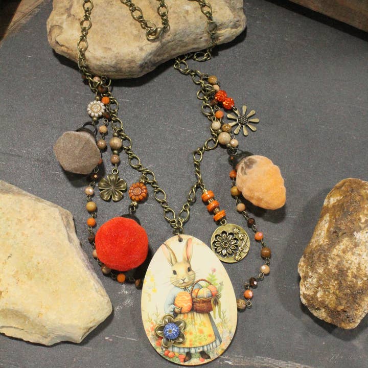 Flower Garden Peach Bunny Charm'd Necklace for wholesale by The Primitive Peddler, Inc.