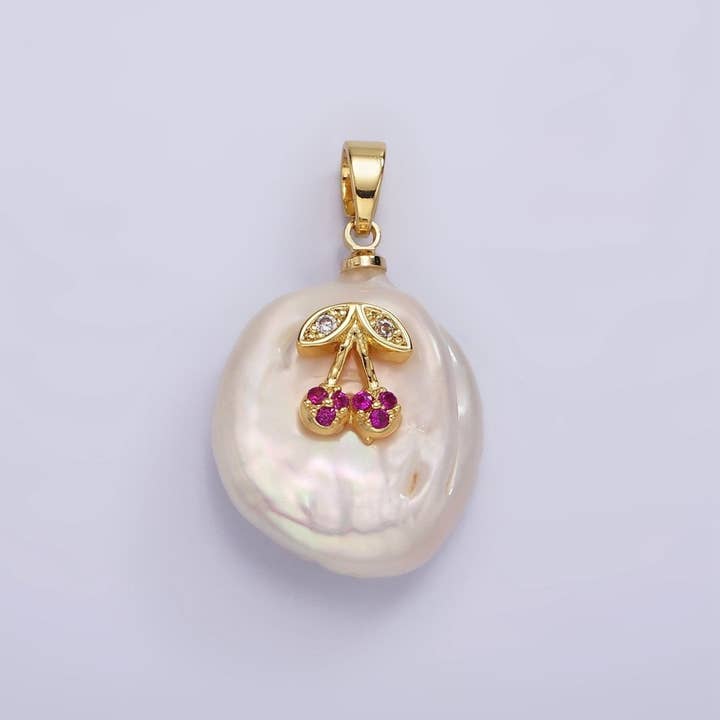 14K Gold Filled Fuchsia Micro Paved CZ Cherry Freshwater Pearl Pendant | P-1668 for wholesale by Aim Eternal
