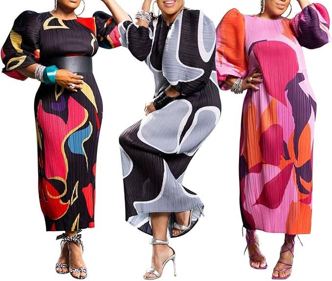 DORCAS – Großhandel Kleid – Damen – Buntes Maxikleid mit Puffärmeln und Faltenrock9