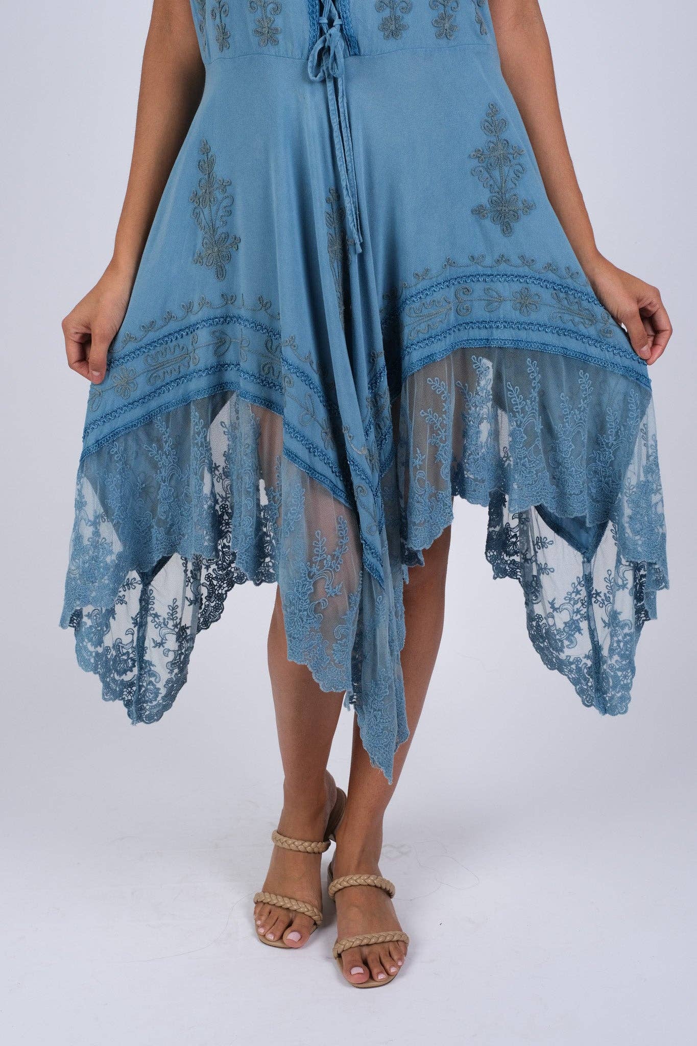 Sacred Threads - Wholesale Dress - Women's - Embroidered Artisan Blue Dress with Lace3