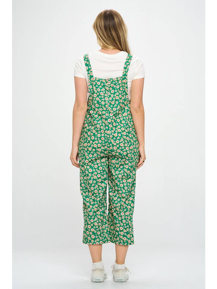 SM WARDROBE - Wholesale Overalls - Women's - GREEN DAISY FLORAL PRINT JUMPSUITS WITH POCKETS OVERALL