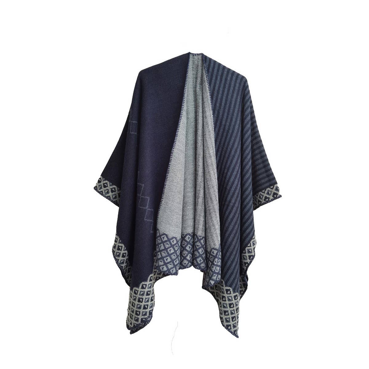 ACCITY - Wholesale Poncho - Women's - SIMPLE SPLIT SHAWL WITH DIAMOND GEOMETRIC PATTERN_CWASC02890