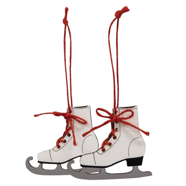Col House Designs - Venta al por mayor Conjuntos de adornos - Juego de 2 adornos de madera para patines sobre hielo con cordones rojos