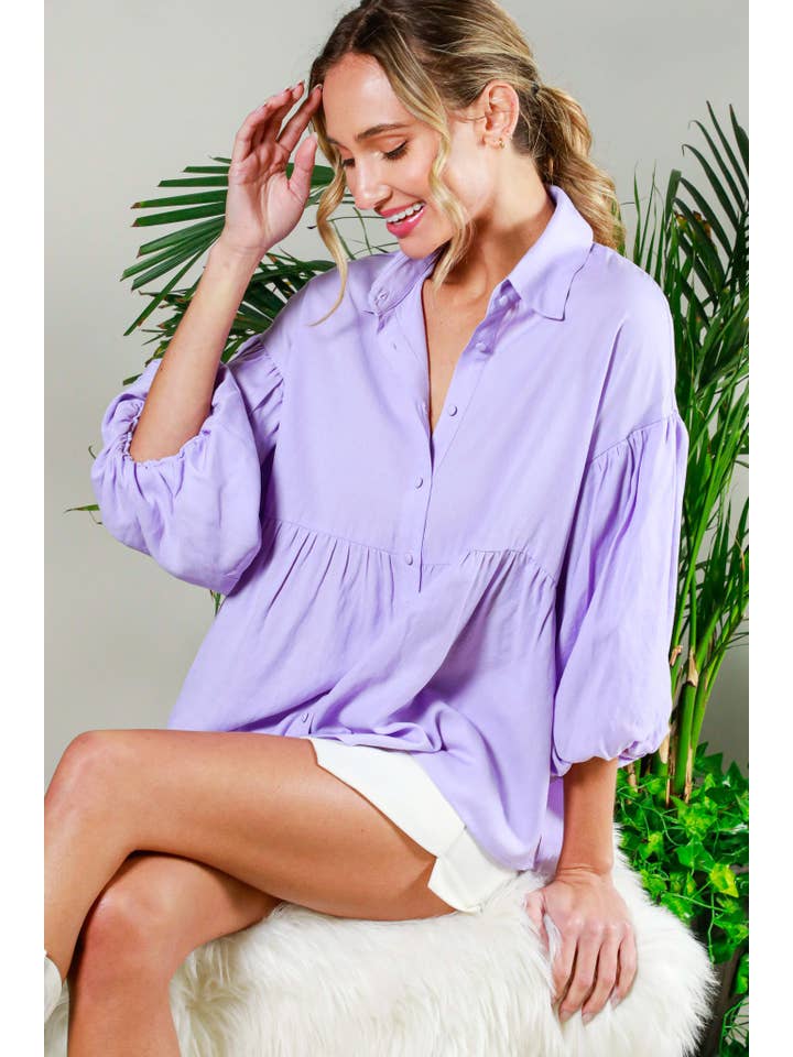Vine & Love - Wholesale Blouse - Women's - Collared Balloon Sleeve Button-Up Blouse Shirt VT31805