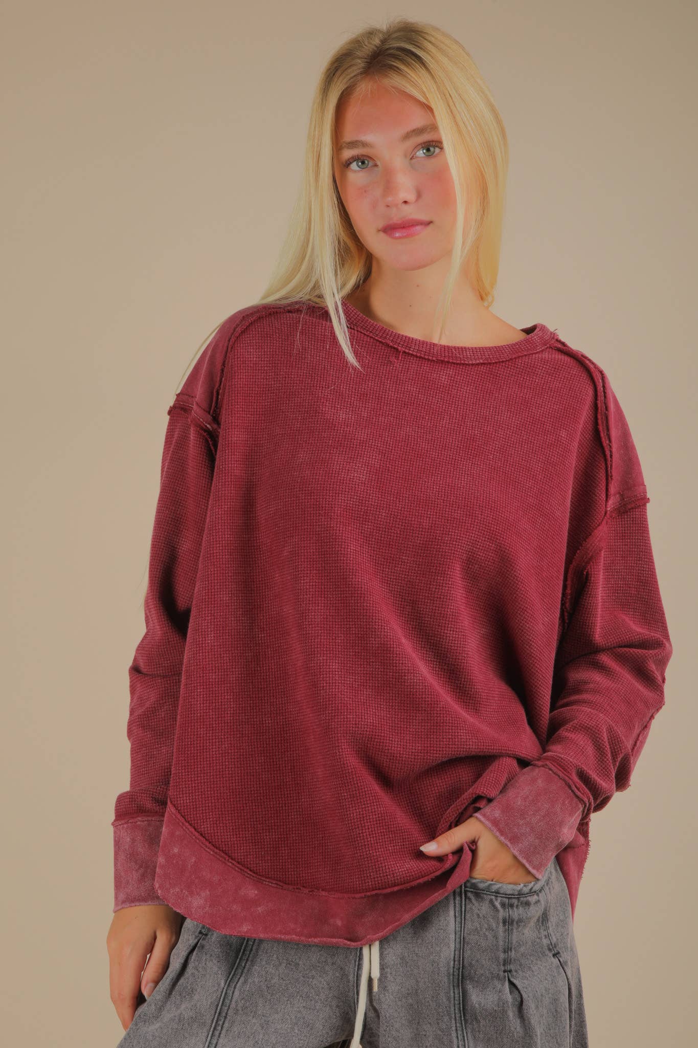 VERY J - Wholesale Knit Top - Women's - NT12234-Mineral Washed Elbow Patch Contrast Knit Top5