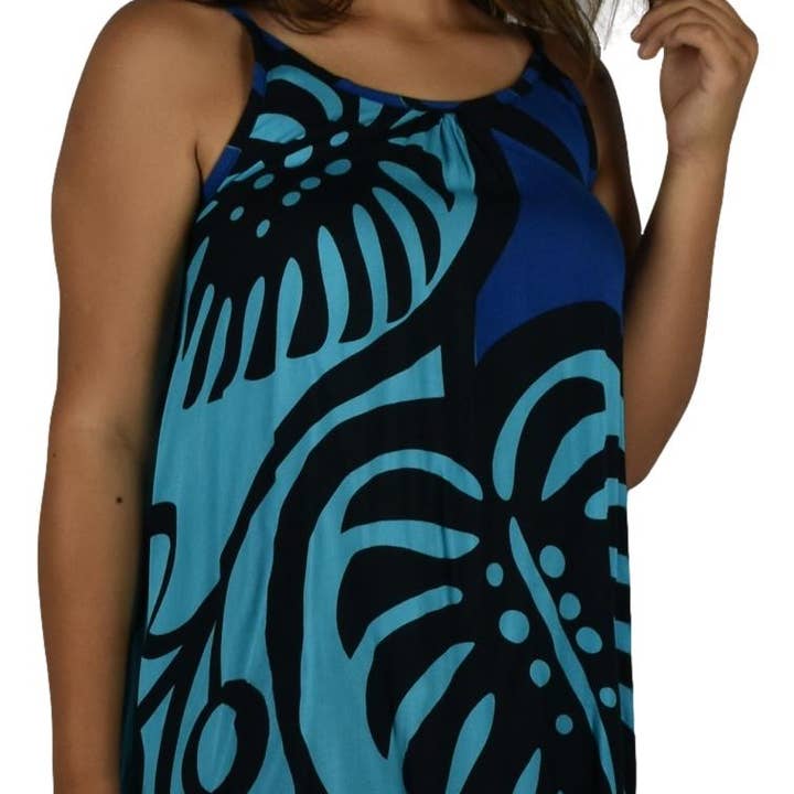 Bali kjole | Kort | Én størrelse passer til mange | Monstera Blue for engroshandel hos Island Style Clothing Co by Akamai Distribution Ltd