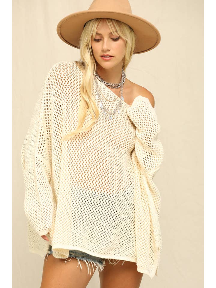 Ivoire Pull surdimensionné en maille ajourée en vente sur Faire4