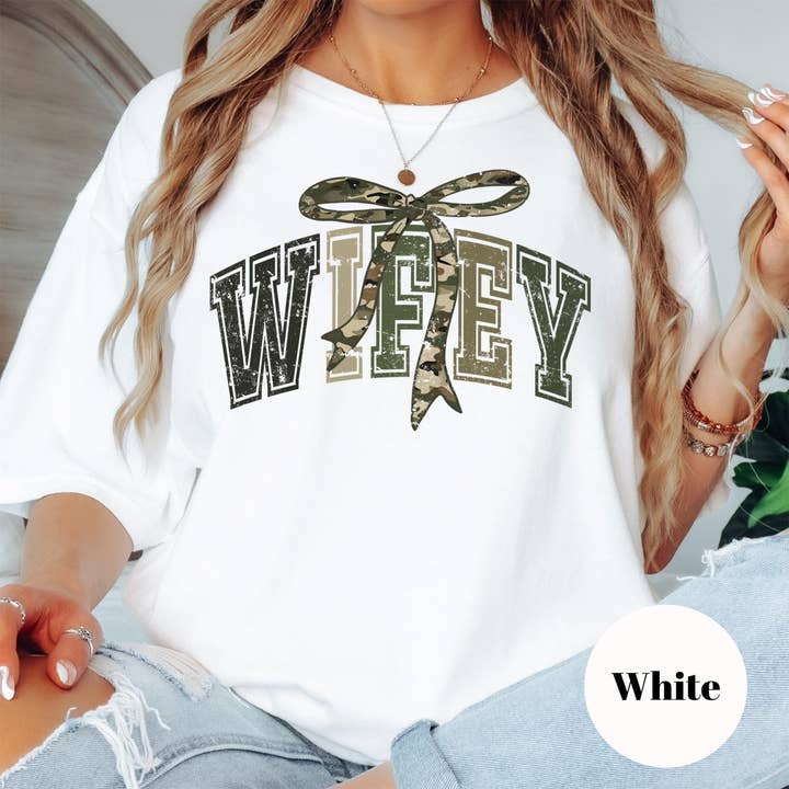 Epic Life - Designed - Wholesale Screen Printed T-Shirt - Women's - Wifey Shirt, Comfort Colors® Camo Coquette Bow Tee, Cute Wife Shirt, Newlywed Gift, Bridal Shower Gift, Military Wife Shirt, Country Girl