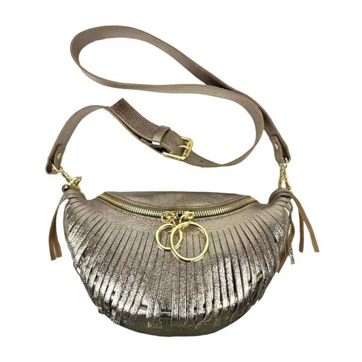 Chenson & Gorett - Vente Sac ceinture – femme - Sac banane en cuir italien brillant pour femme avec franges1