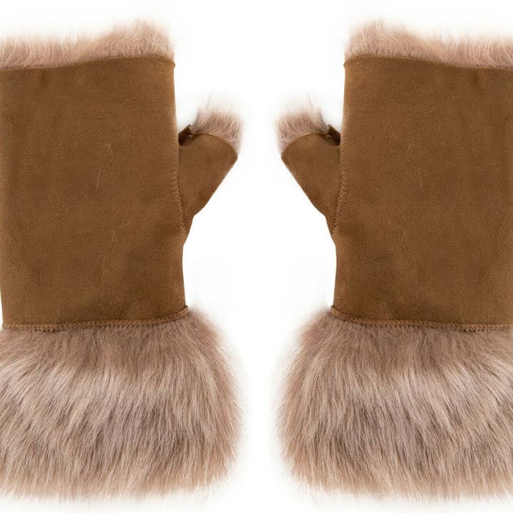 Infinity Leather (Upperclass Fashions Ltd) – wholesale Mittens – Women's – Womens Shearling Mittens Fingerless Cuffs Toscana Suede Sheepskin Fur