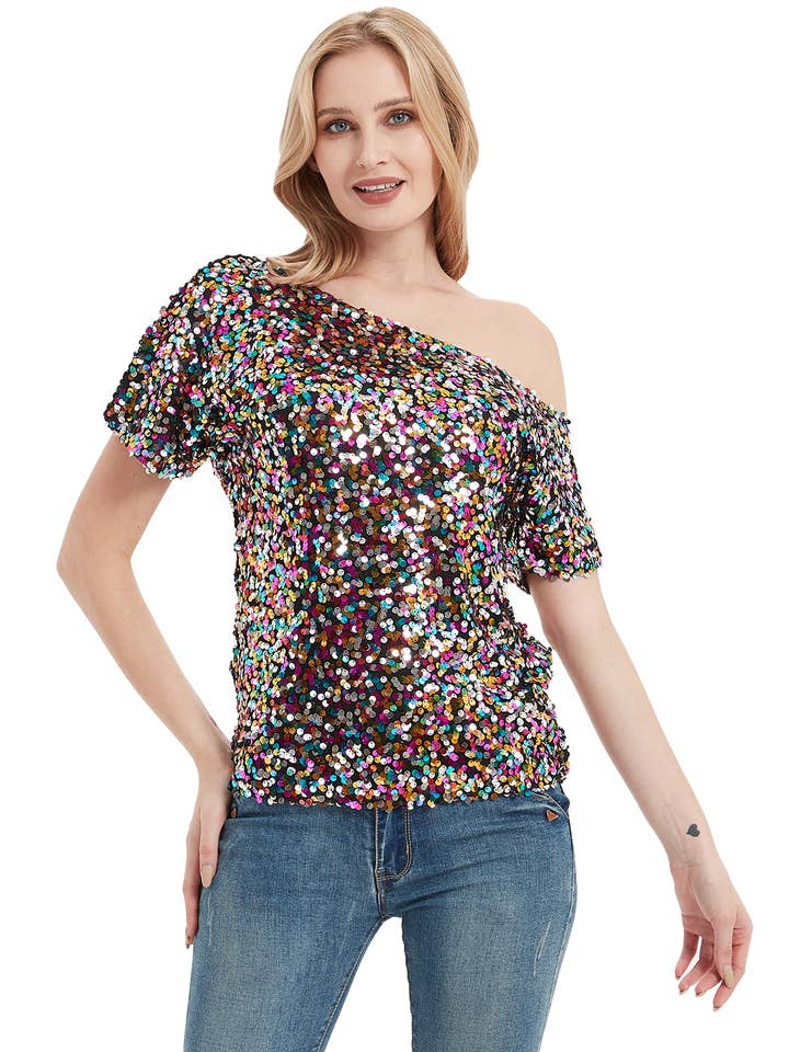 One Shoulder Sequin Top for wholesale by Anna Kaci Wholesale