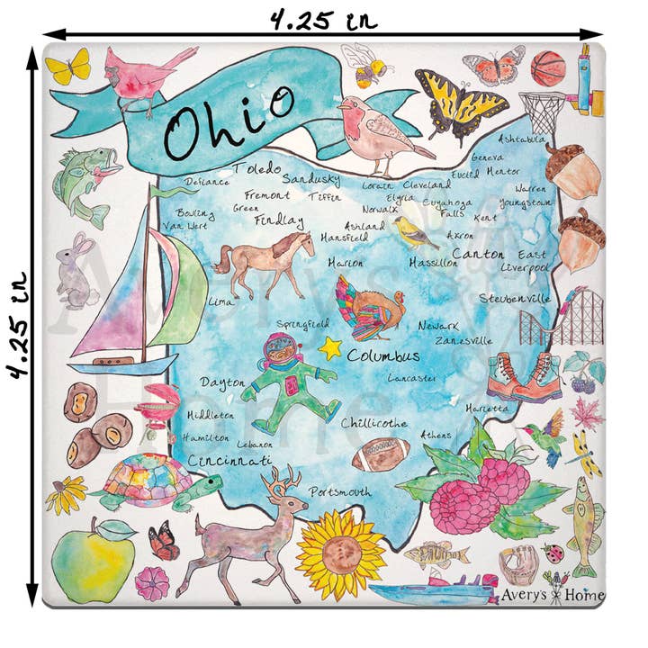 Ohio State Icon Map Watercolor Absorbent Stone Coaster for wholesale by Avery's Home