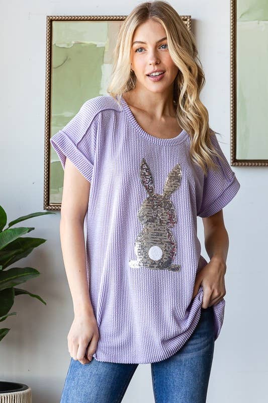 HEIMISH - Wholesale Blouse - Women's - ET7822-10 SHORT SLEEVE SOLID URBAN RIBB TOP WITH RABBIT4