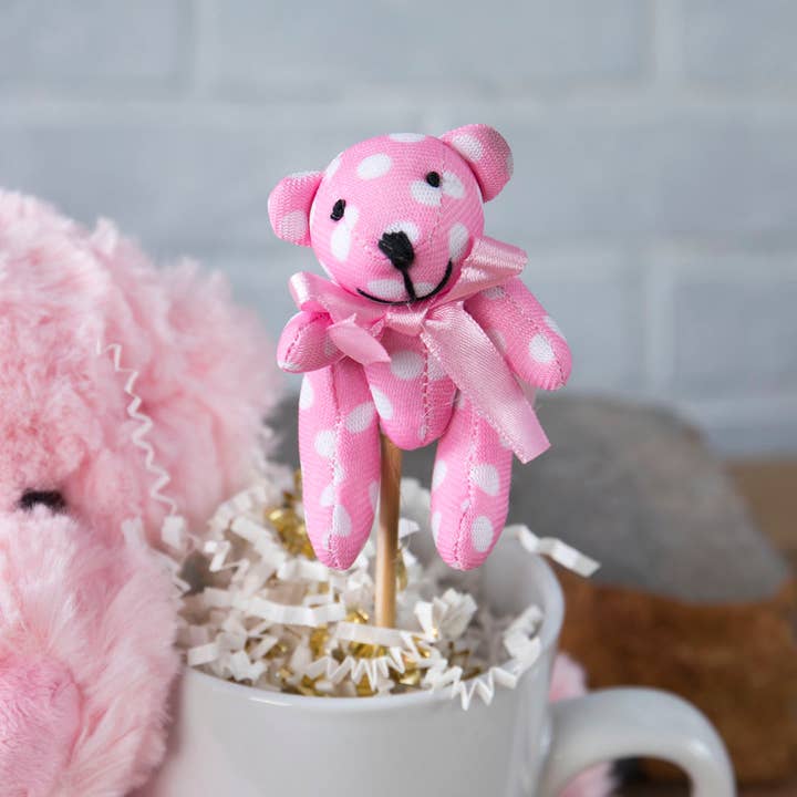 Willow Group - Wholesale Stuffed/Plush Toy - Kids & Baby - 4.5" Plush Bear on Floral Pick in Blue and Pink Polka Dots