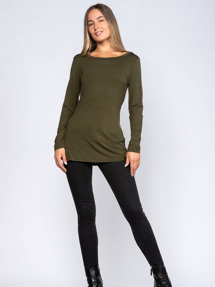 ARMY GREEN BOAT NECK LONG SLEEVES SLIM FIT TUNIC TOP VT22359 for wholesale by Stylish Wholesale