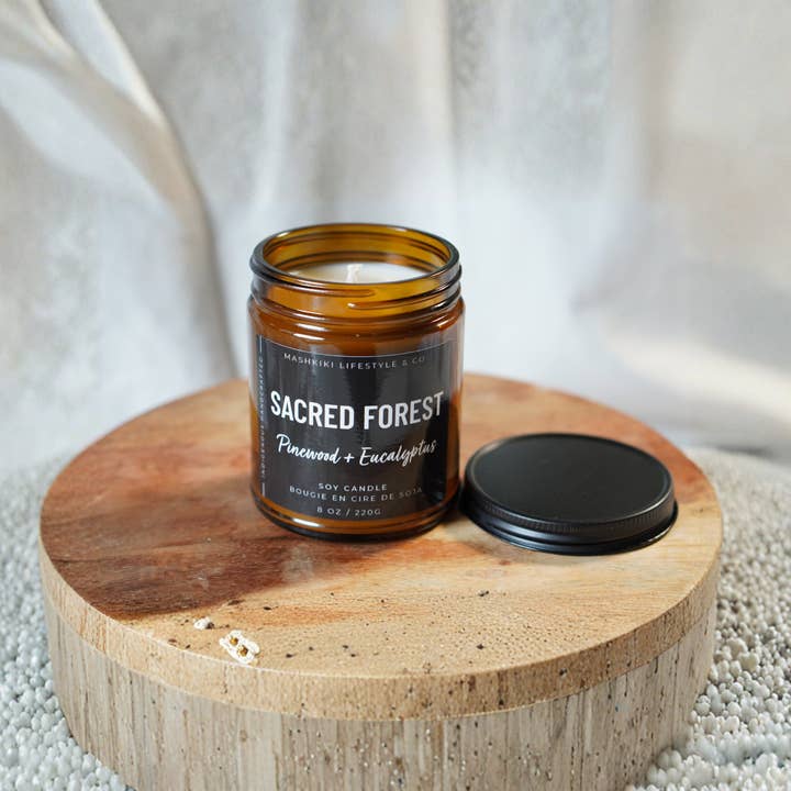 Mashkiki Lifestyle & Co. - Wholesale Jar/Filled Candle - Sacred Forest | Pinewood + Eucalyptus - 8oz. Amber Candle1