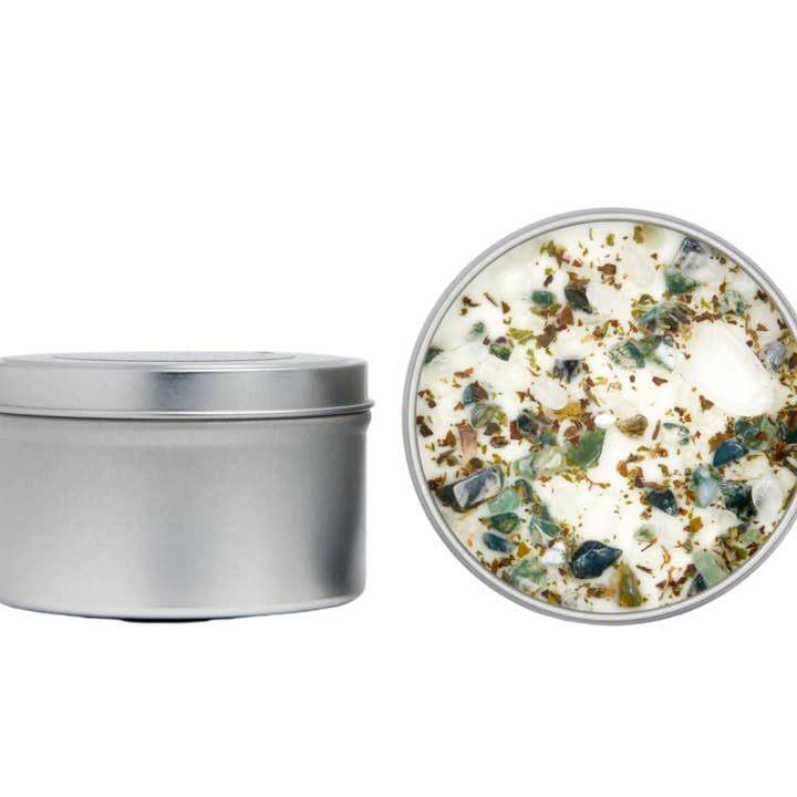 New Moon Beginnings - Wholesale Travel Candles - Crystals & Herb Energy Candles 8oz Tin Soy Candles Handmade15