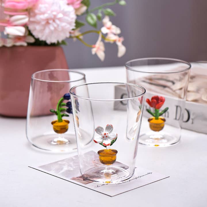 3D Flower Handleless Cute Glass Cup Tumbler for wholesale by IVORE.GROUP