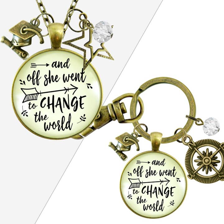 Off She Went to Change World Graduation Necklace Keych Gift for wholesale by Gutsy Goodness