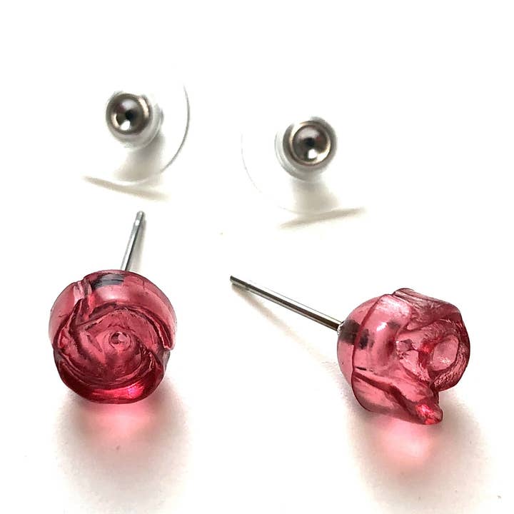 Cranberry Carved Lucite Rose Stud Earrings for wholesale by Leetie Lovendale