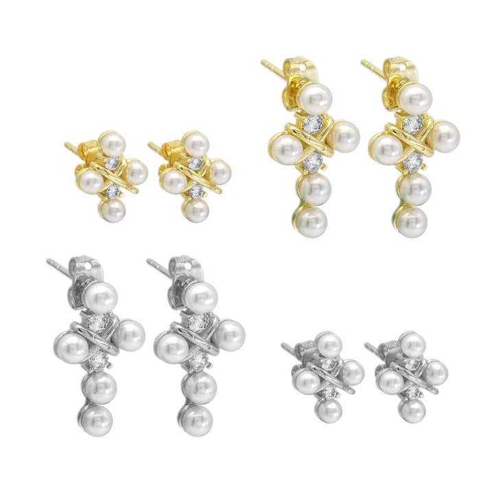 BestBeads&Beyond - Wholesale Stud/Post Earrings - Gold Silver CZ White Pearl Cross Stud Earrings, Sku#A1320