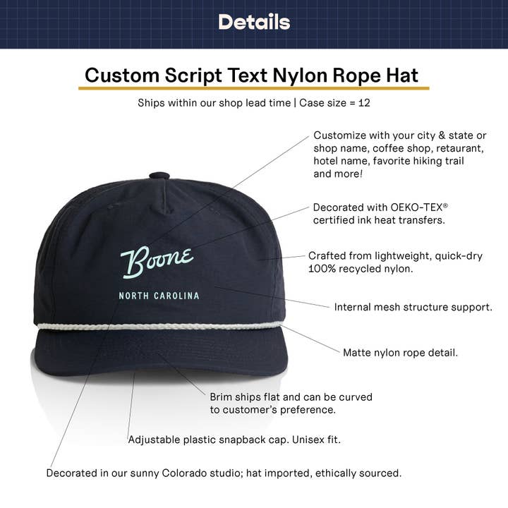 Endless August Supply Co. - Vente Casquette à visière plate – unisexe - Chapeau en corde de nylon personnalisé | Chapeau avec nom | Chapeau de ville script4