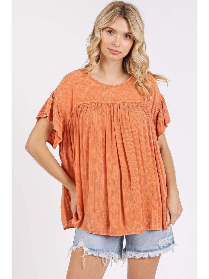 MINERAL WASH DRAPED YOKE SHORT SLEEVE TOP for wholesale by mittoshop