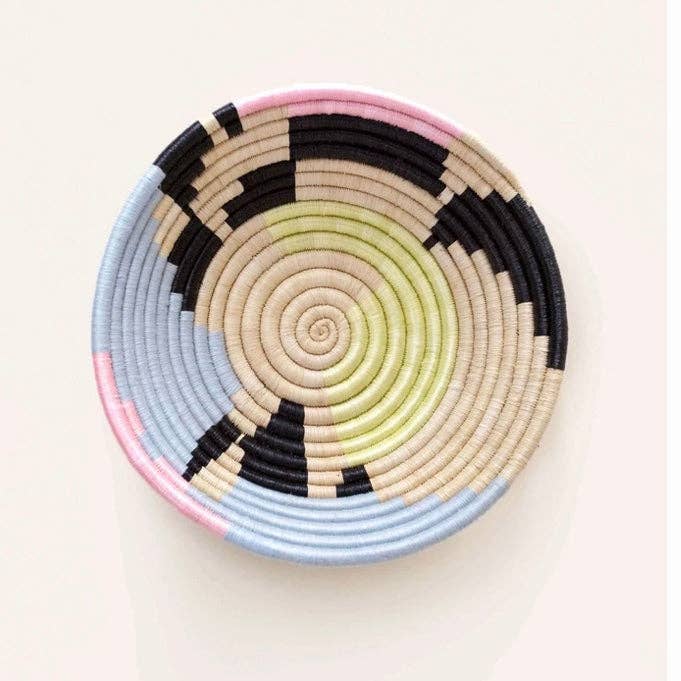 The African Home Goods - Wholesale Decorative Plate/Dish/Bowl - African Rwanda Woven Basket - Abstract Form Plateau White & Blue & Lime Green
