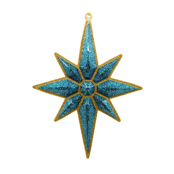 Ornamento a forma di stella di Natale, oro con blu pavone, 21,6 cm per la vendita all'ingrosso da parte di Very Christmas