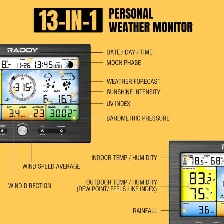 Radioddity - Wholesale Outdoor Ornament/Decor - Raddy WF-100SE Weather Station | 13-in-1 Display | Wi-Fi Indoor Outdoor | Upgraded Design Version