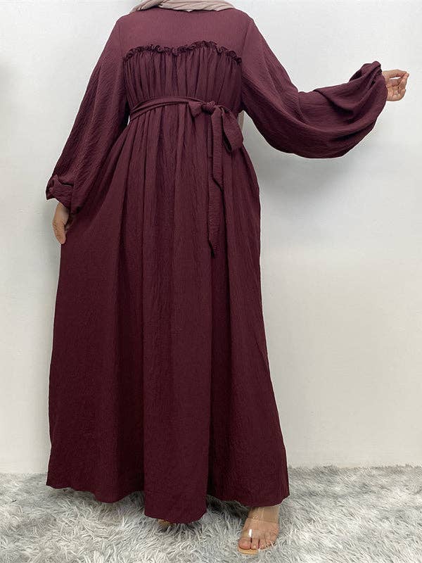 StyleGalX - Vente Robe – femme - Robes maxi à manches longues et manches longues, élasticite, plissée musulmane, couleur unie, joint fendu, taille nouée, col rond20