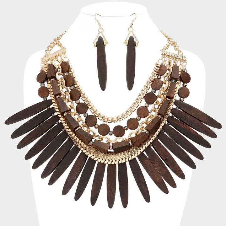Sensibling Corp. - Wholesale Bib necklace - Wooden Spike Accented Metal Chain Layered Bib Necklace6
