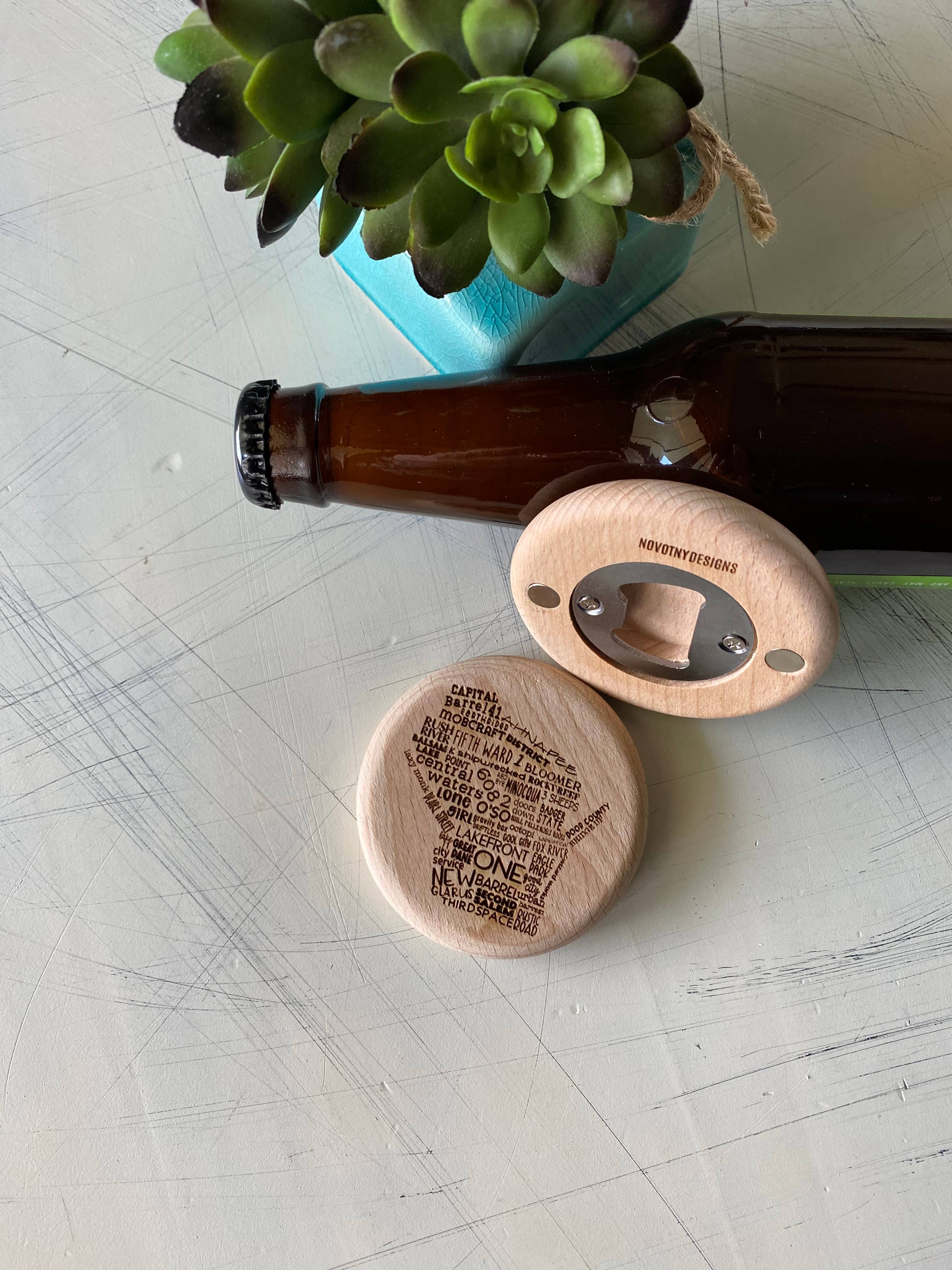 Novotny Designs - Wholesale Bottle/Wine Opener - Wisconsin breweries - magnetic wood bottle opener