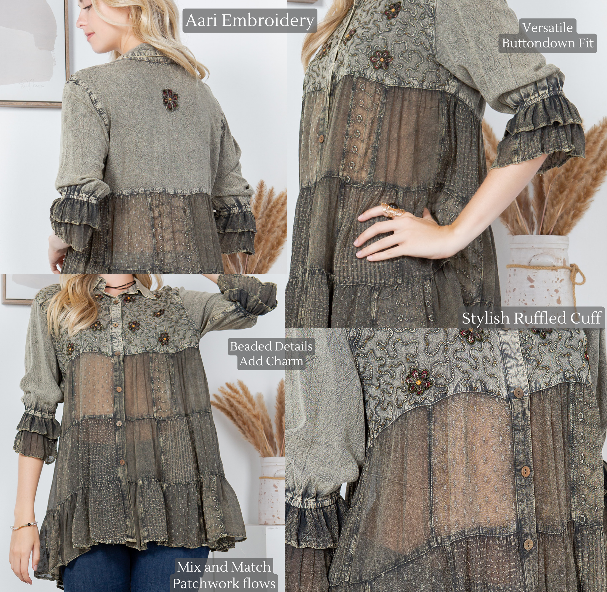 Young Threads - Vente Chemise à col boutonné – femme - Blouse brodée mexicaine pour femmes à taille froncée (NOUVEAU)14