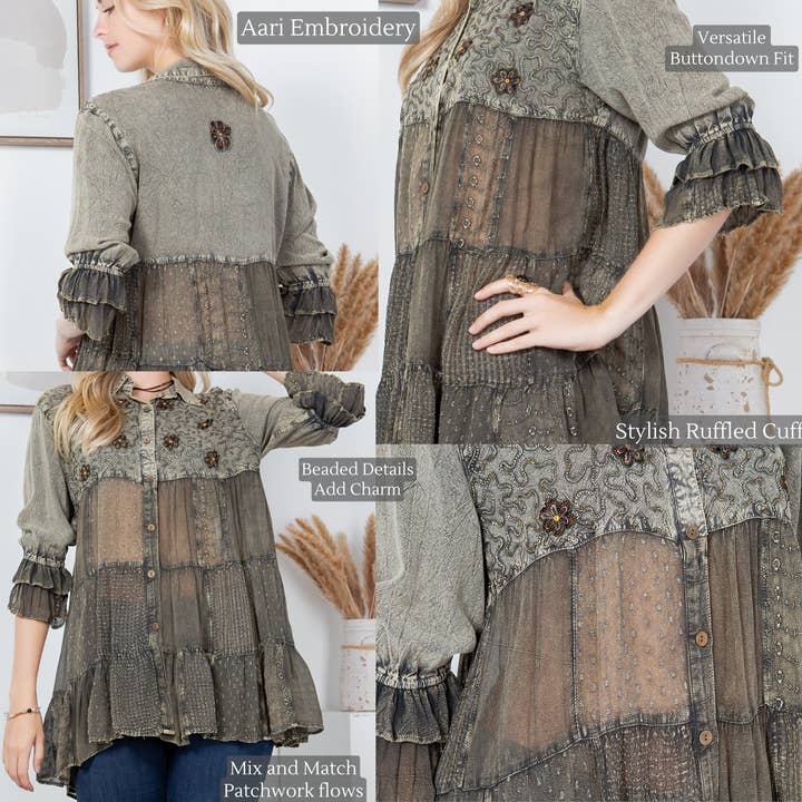 Young Threads - Vente Chemise à col boutonné – femme - Blouse brodée mexicaine pour femmes à taille froncée (NOUVEAU)14